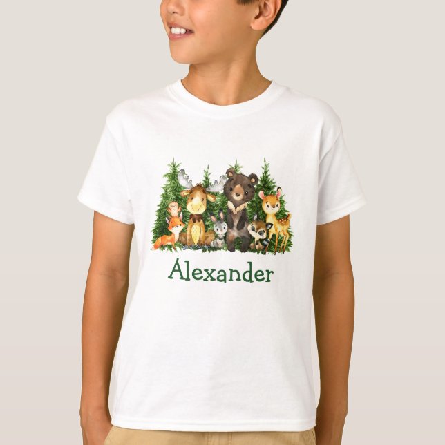 Watercolor Woodland Animals Forest Trees Kid's T-Shirt (Front)