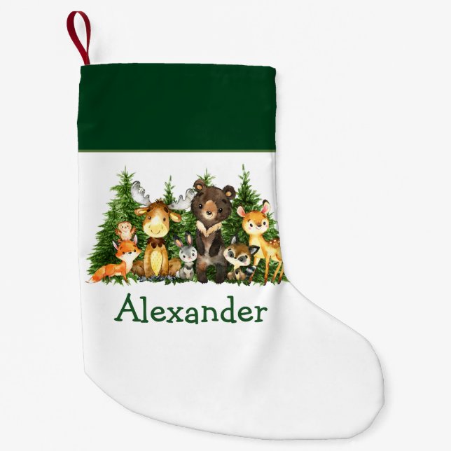 Watercolor Woodland Animals Forest Trees Small Christmas Stocking (Front)