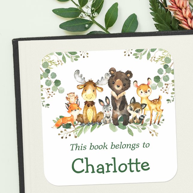 Watercolor Woodland Animals Green Bookplate Labels (Customize to change text size, color or text style.)