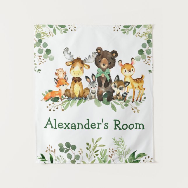 Watercolor Woodland Animals Green Bow Tapestry (Front)