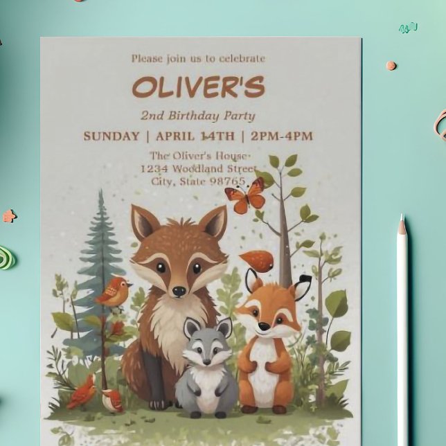 Watercolor Woodland Animals Greenery 2nd Birthday  Invitation (Creator Uploaded)