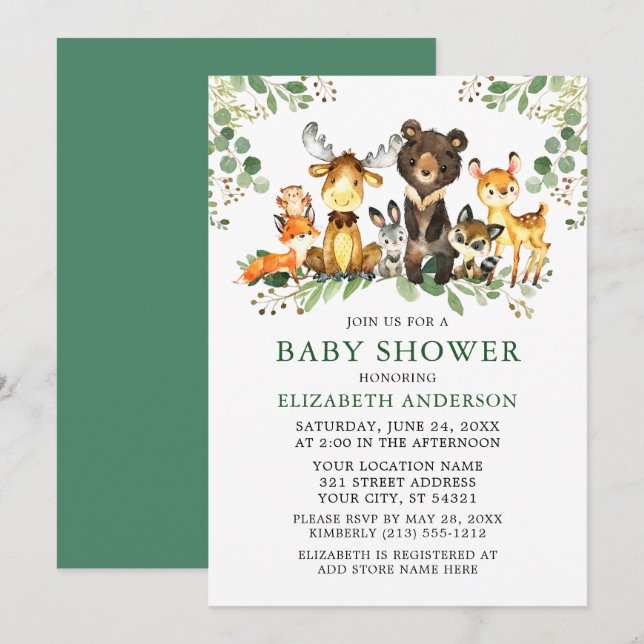 Watercolor Woodland Animals Greenery Baby Shower Invitation (Front/Back)