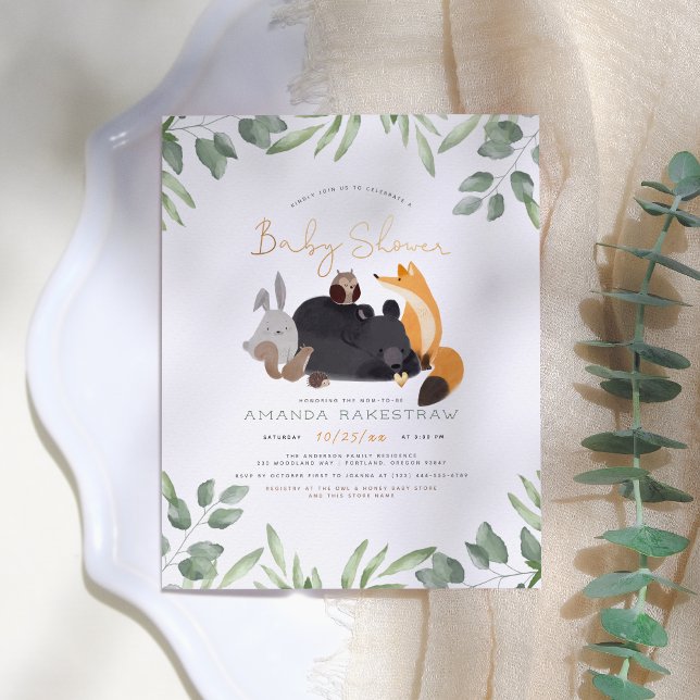 Watercolor Woodland Animals Greenery Baby Shower Postcard (Creator Uploaded)