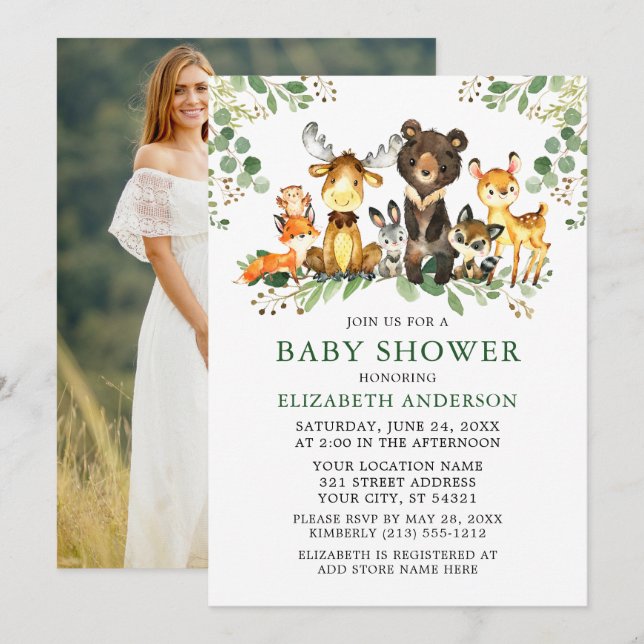 Watercolor Woodland Animals Greenery Shower Photo Invitation (Front/Back)
