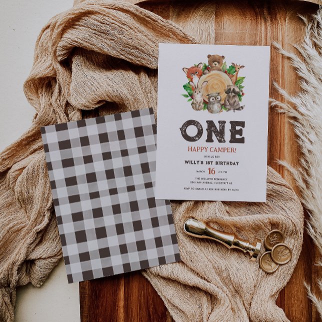 Watercolor Woodland Animals Happy Camper Birthday Invitation (Creator Uploaded)