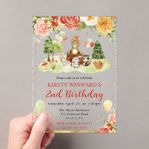 Watercolor Woodland Animals Kids Birthday Acrylic Invitations