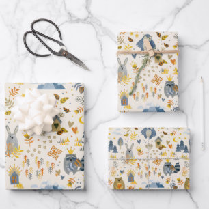 Watercolor Woodland Animals Pattern Wrapping Paper Sheet