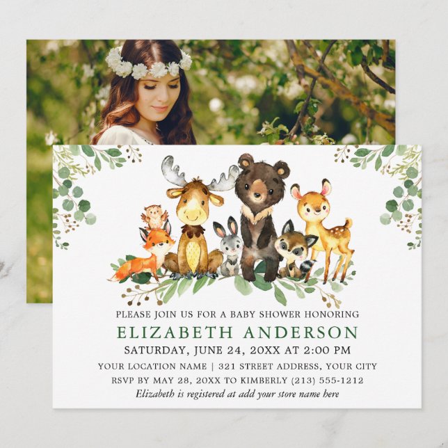 Watercolor Woodland Animals Photo Shower Invitation (Front/Back)