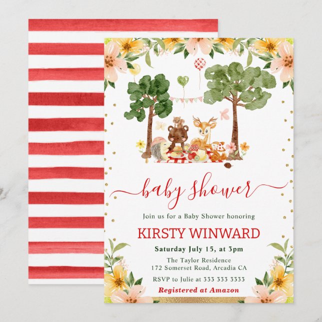 Watercolor Woodland Animals Picnic Baby Shower Invitation (Front/Back)