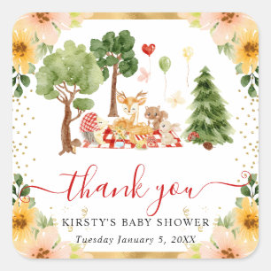 Watercolor Woodland Animals Picnic Baby Shower Square Sticker