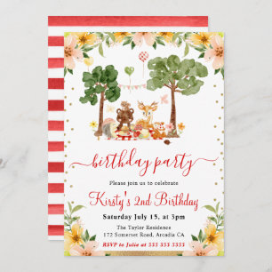 Watercolor Woodland Animals Picnic Birthday Invitation