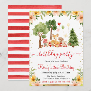 Watercolor Woodland Animals Picnic Birthday Invitation
