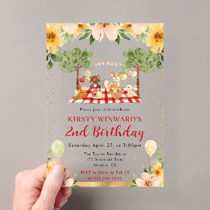 Watercolor Woodland Animals Picnic Kids Birthday Acrylic Invitations