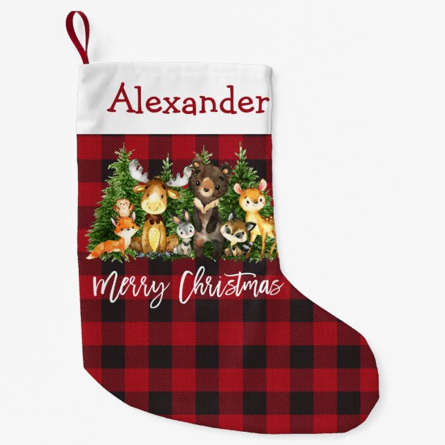 Watercolor Woodland Animals Plaid Brush Script Small Christmas Stocking (Front)
