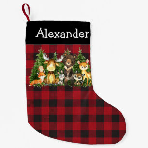 Watercolor Woodland Animals Red Plaid Small Christmas Stocking