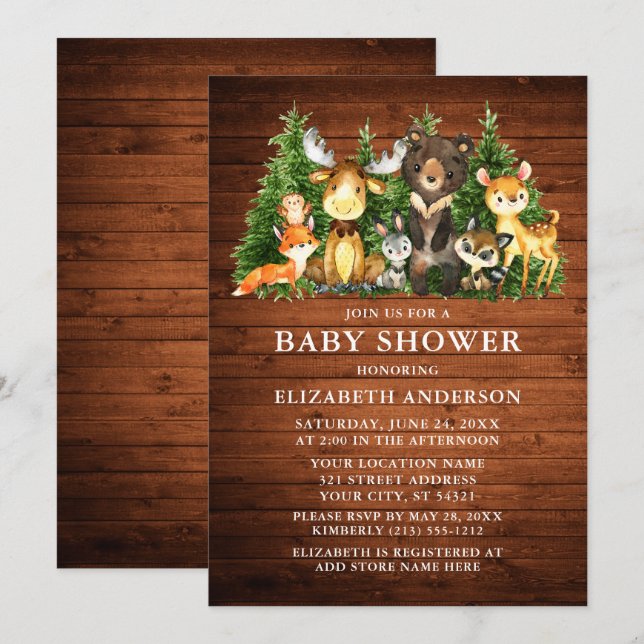 Watercolor Woodland Animals Rustic Wood Shower Invitation (Front/Back)