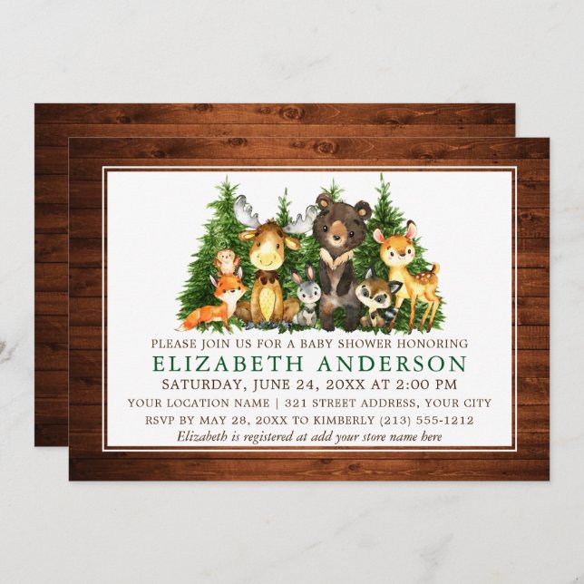 Watercolor Woodland Animals Rustic Wood Shower Invitation (Front/Back)