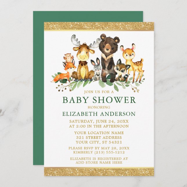 Watercolor Woodland Animals Shower Glitter Green Invitation (Front/Back)