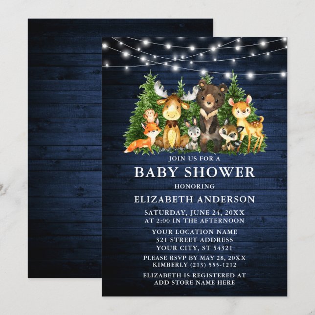 Watercolor Woodland Animals Shower Wood Lights Invitation (Front/Back)