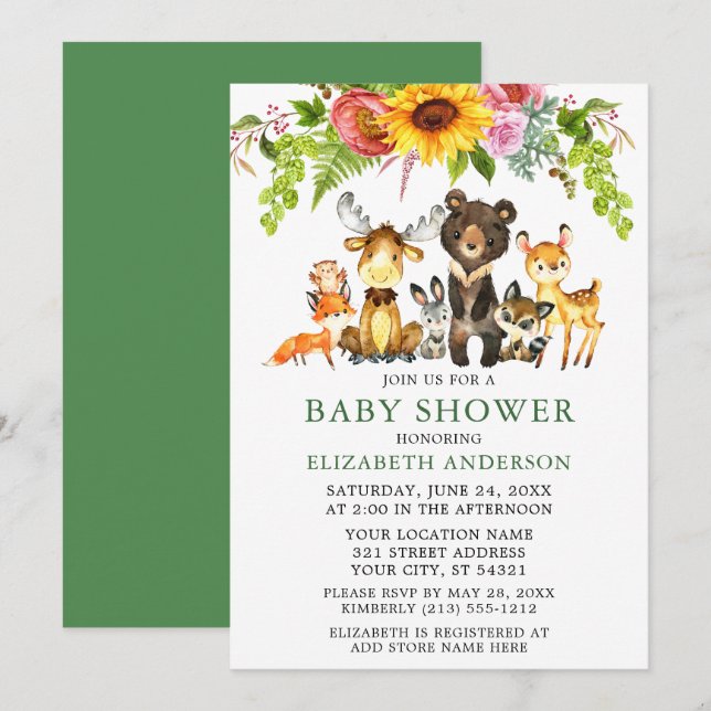 Watercolor Woodland Animals Sunflower Baby Shower Invitation (Front/Back)