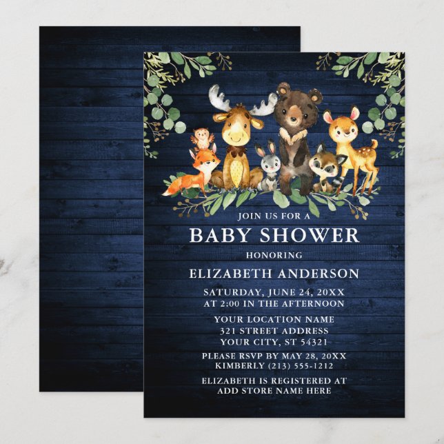 Watercolor Woodland Animals Wood Greenery Shower Invitation (Front/Back)