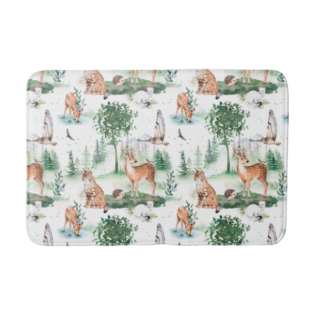Watercolor Woodland Baby Animal Pattern Bath Mat (Front)