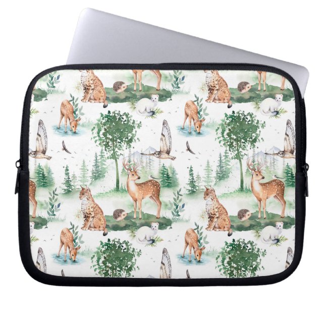 Watercolor Woodland Baby Animal Pattern Laptop Sleeve (Front)
