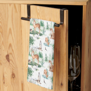 Watercolor Woodland Baby Animal Pattern Tea Towel