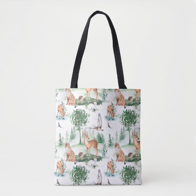 Watercolor Woodland Baby Animal Pattern Tote Bag (Front)
