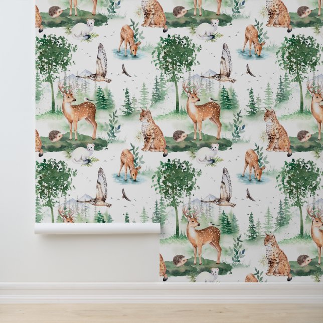 Watercolor Woodland Baby Animal Pattern Wallpaper (Application)