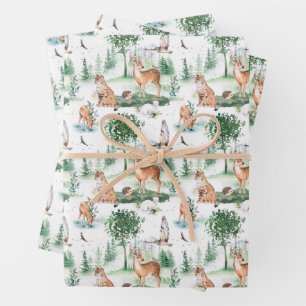 Watercolor Woodland Baby Animal Pattern Wrapping Paper Sheet