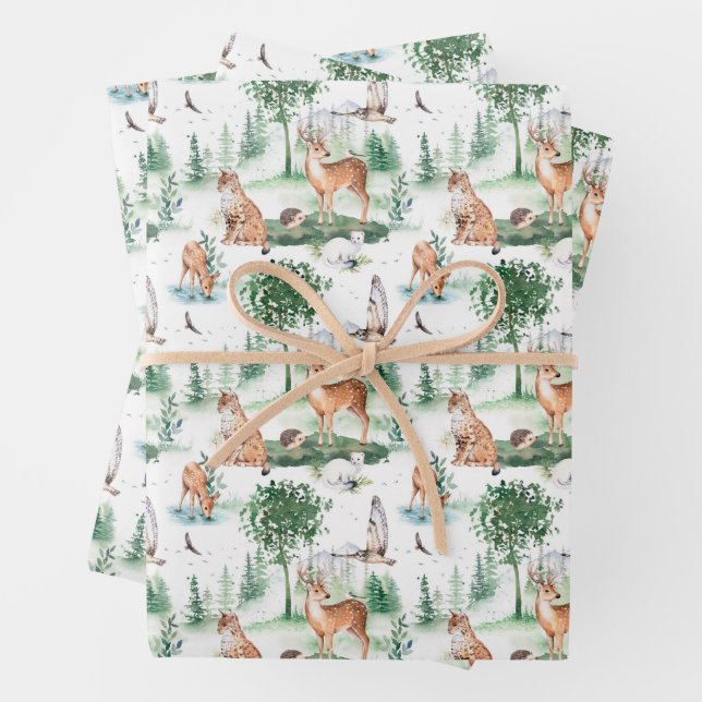 Watercolor Woodland Baby Animal Pattern Wrapping Paper Sheet (In situ)
