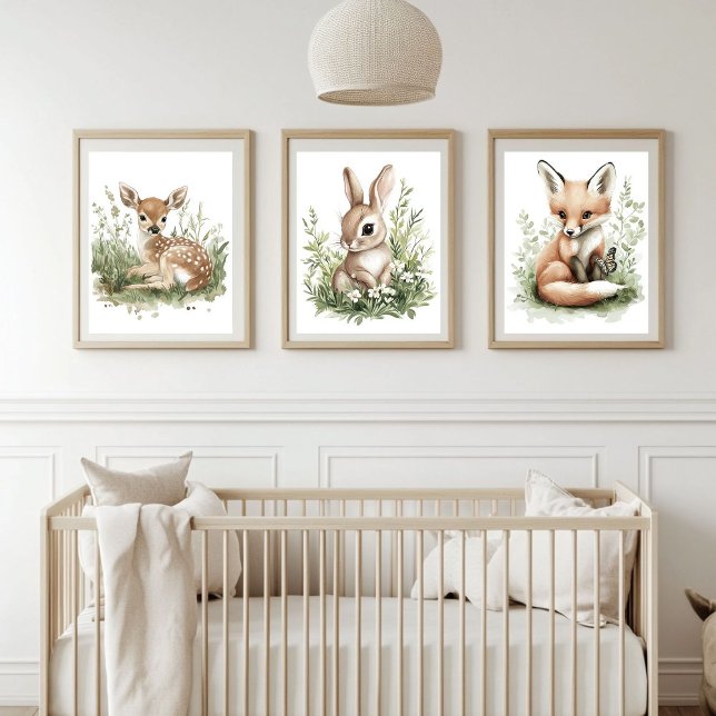 Watercolor Woodland Baby Animals Nursery Decor  (Charming woodland animal prints add a touch of nature and warmth to any nursery or children's room)