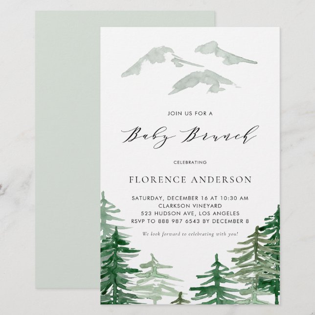 Watercolor Woodland Baby Brunch Invitation (Front/Back)