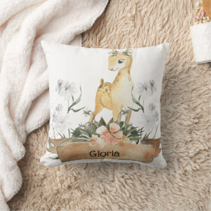 Watercolor Woodland Baby Fawn Custom Name Cushion