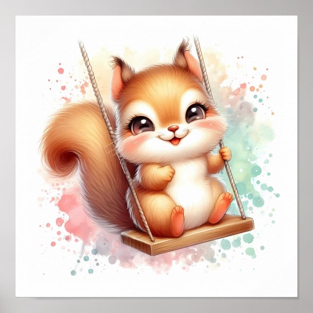 Watercolor Woodland Baby Squirrel Nursery Swing Poster (Front)
