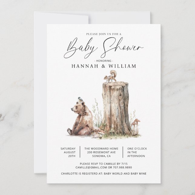 Watercolor Woodland Bear Baby Shower Invitation (Front)
