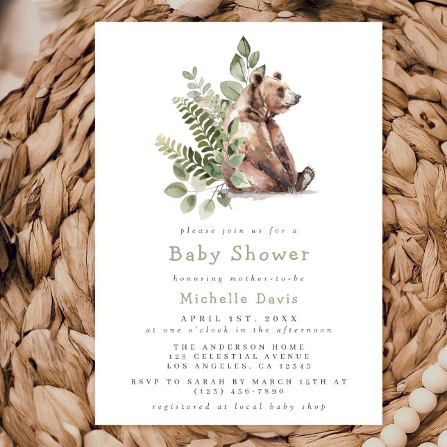 Watercolor Woodland Bear Baby Shower Invitation (Creator Uploaded)