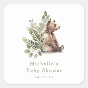Watercolor Woodland Bear Baby Shower Square Sticker