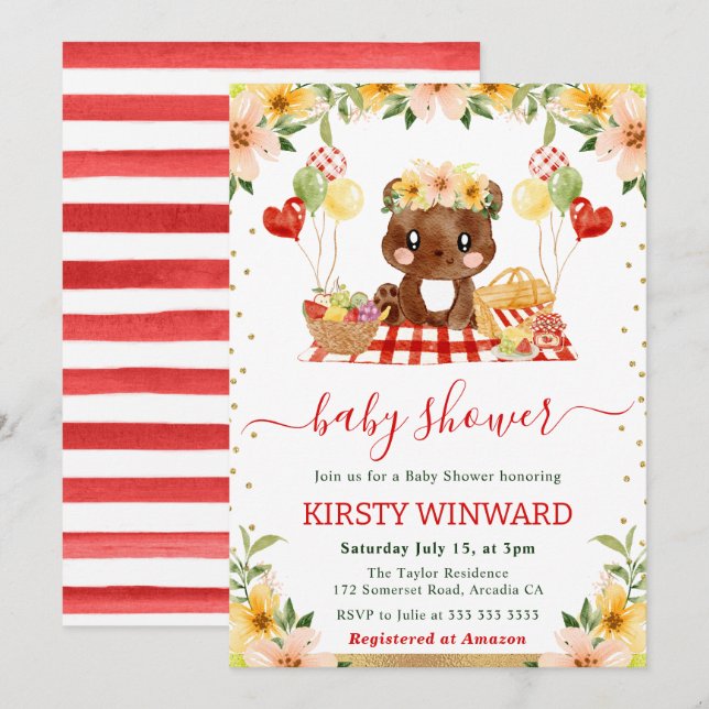 Watercolor Woodland Bear Picnic Baby Shower Invitation (Front/Back)