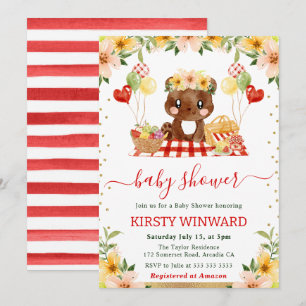 Watercolor Woodland Bear Picnic Baby Shower Invitation