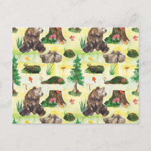 Watercolor Woodland bear with a bear cub Postcard