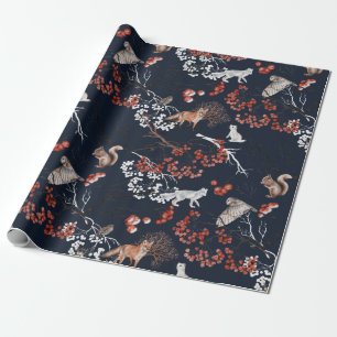 Watercolor Woodland Berries and Animals Christmas Wrapping Paper