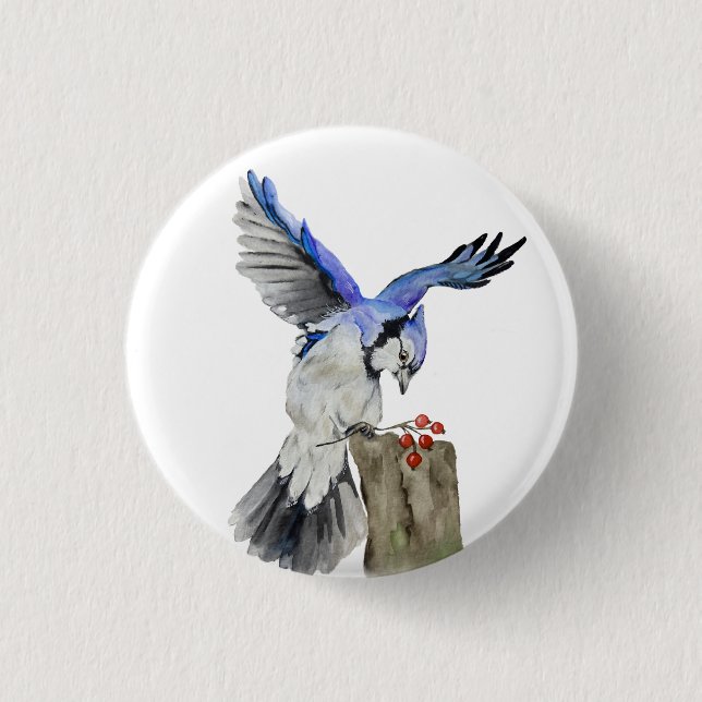 Watercolor woodland bird blue jay 3 cm round badge (Front)