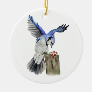 Watercolor woodland bird blue jay ceramic tree decoration