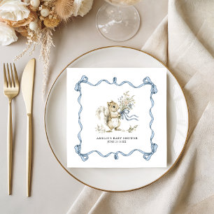 Watercolor Woodland Blue Bow Squirrel Baby Shower Napkin