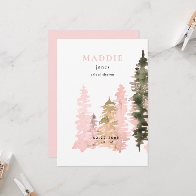 Watercolor Woodland Blush Bridal shower Invitation (Front/Back In Situ)