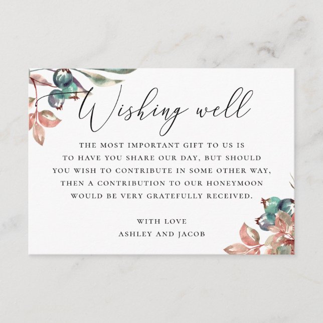 Watercolor woodland botanical wedding wishing well enclosure card (Front)