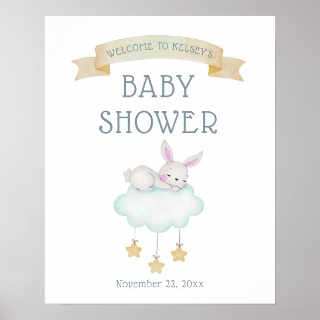 Watercolor Woodland Bunny Welcome Baby Shower Poster (Front)