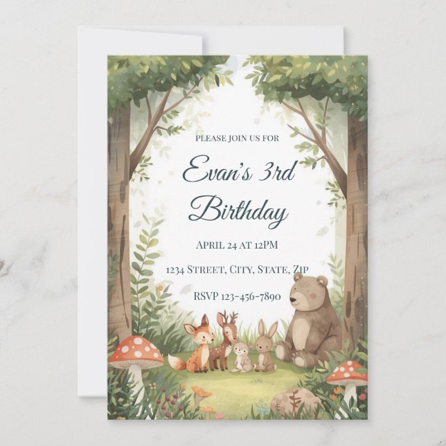 Watercolor Woodland Creatures Birthday Invite (Front)
